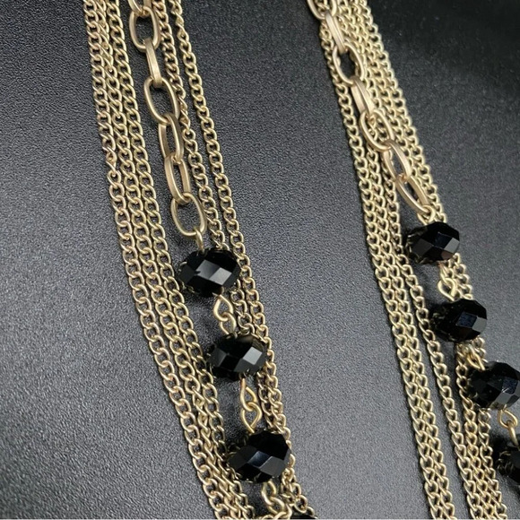 Elegant Antique Gold Jet Black Glass Beaded 6-strand Layering Necklace 16” - Picture 2 of 6